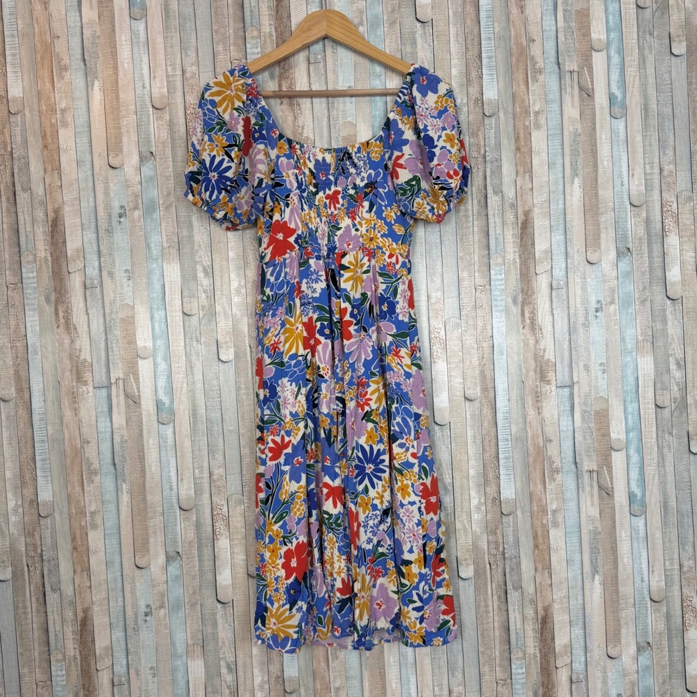 Sugarlips Colorful Boho Ojai Floral Puff Sleeve Smocked Sweetheart Midi Dress XS - Picture 5 of 8